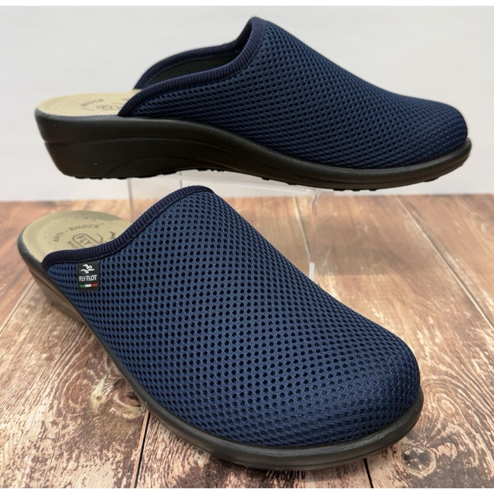 Women's Fly Flot Italy Navy Blue Mesh Clogs Anti Shock Anatomic Slip Size 9
